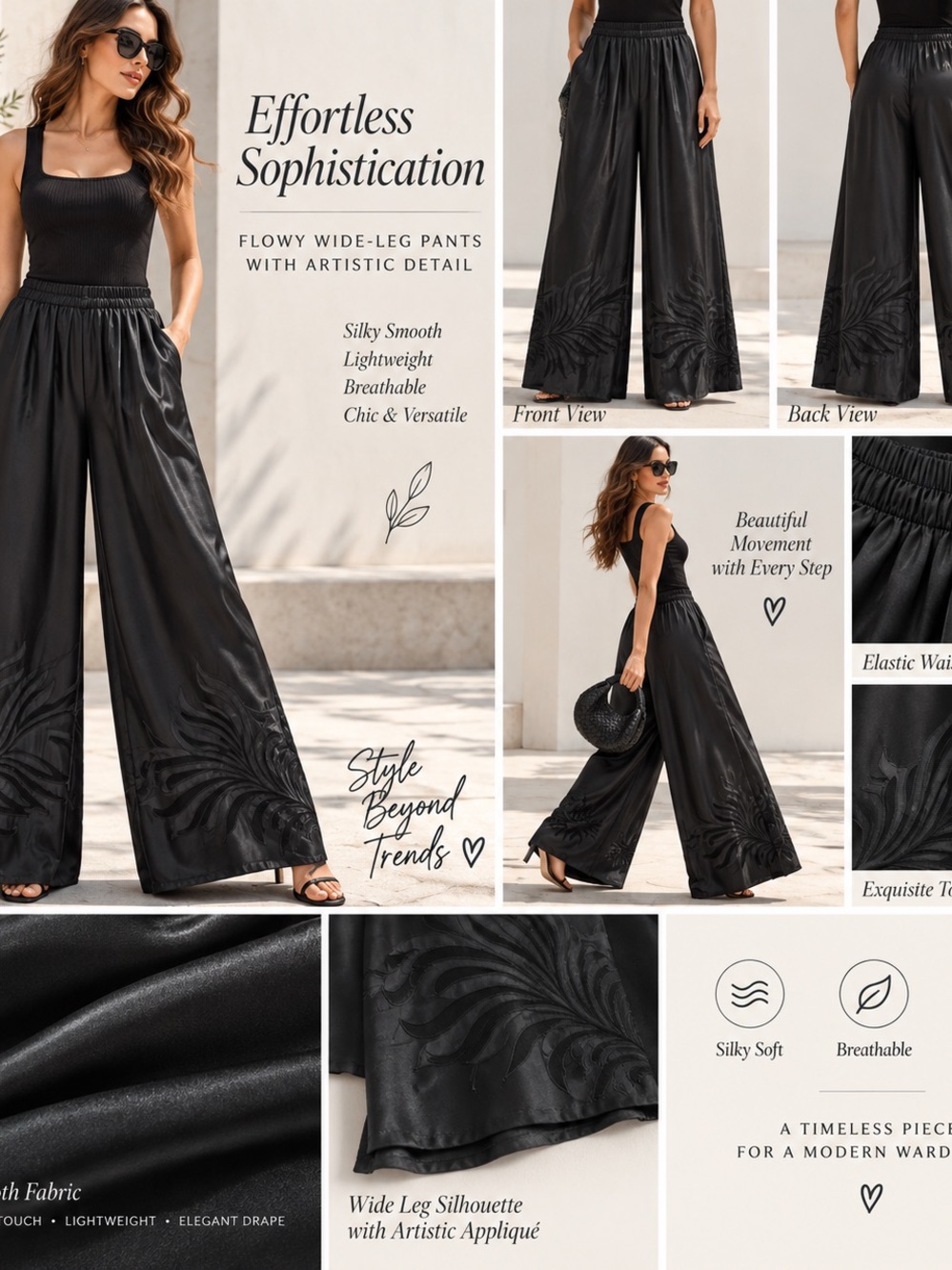 Black Silky Wide Leg Pants Tonal Floral Appliqué Elastic Waist